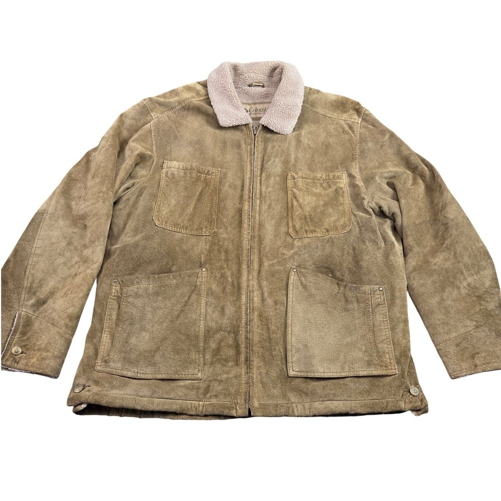 Vintage Columbia Leather Field Jacket Mens XL Tan Suede Sherpa Full Zip Coat 90s